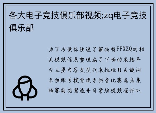 各大电子竞技俱乐部视频;zq电子竞技俱乐部